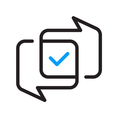 Business consulting icon showing two interlocking word bubbles and a check mark in center