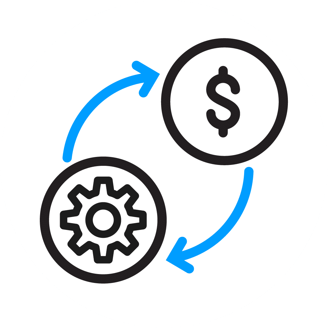Cash flow analysis icon, featuring a gear on one end a dollar sign at the other, connected by exchanging arrows