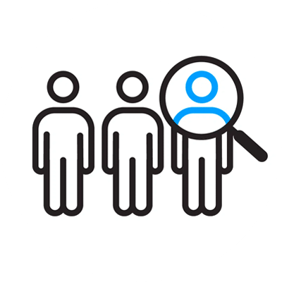 Recruiting and retention icon, showing three outlined people with a magnifying glass over one.