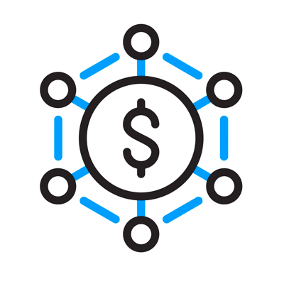 Sales development icon, showing a lined hexagon with circles on every corner and a dollar sign in center