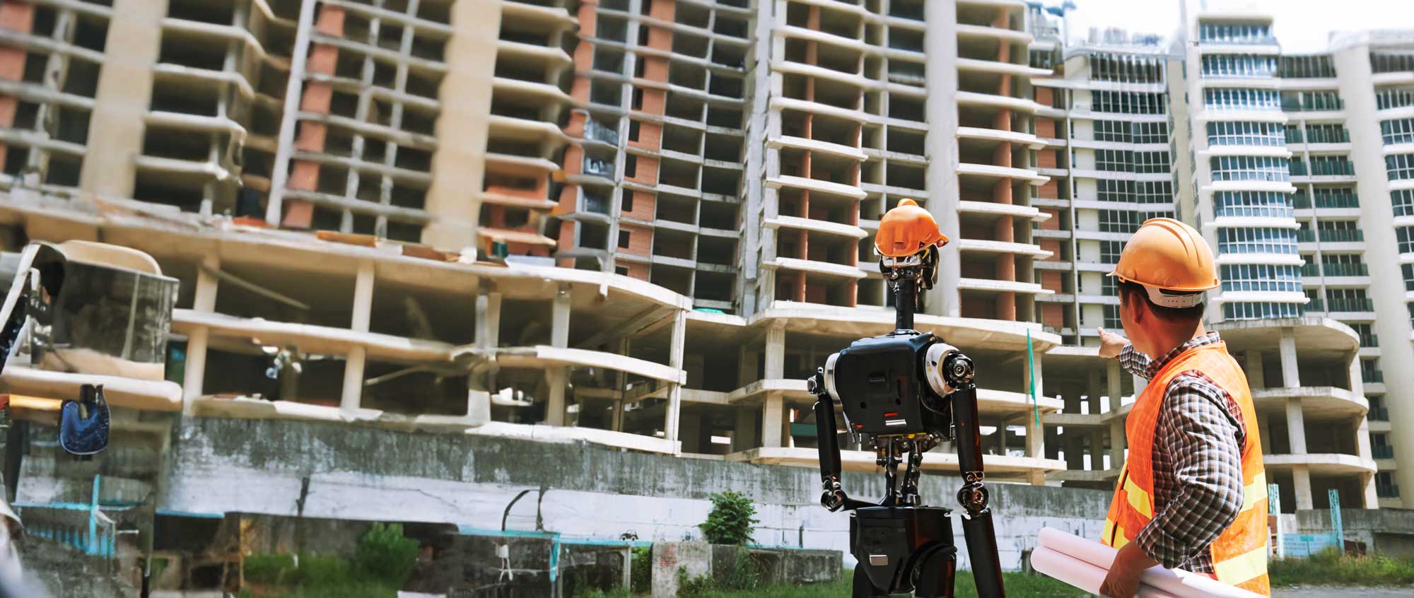a cyborg and human construction worker advising on a construction site