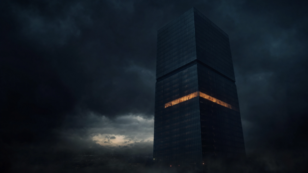 Single glass office tower at dusk with nearly all windows dark except one glowing floor, storm clouds gathering behind it