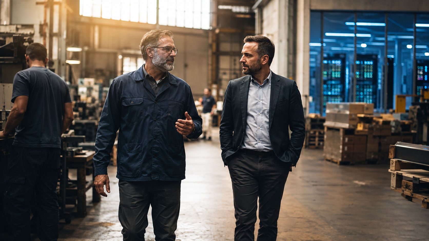 A business owner and an advisor walk a manufacturing floor together, with a data center faintly visible through a distant window.