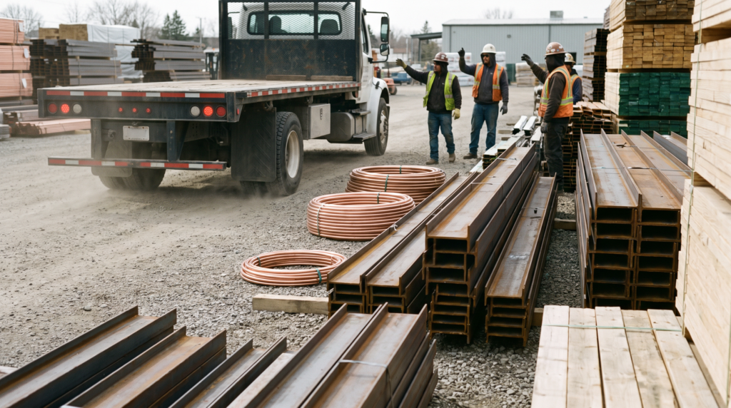 Steel, copper, and lumber in a supply yard, illustrating construction material price volatility in 2026.