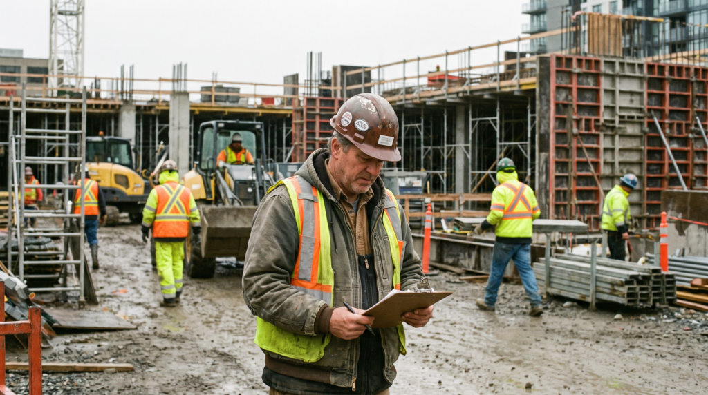 Contractor reviewing paperwork on a busy job site, showing how busy contractors can still lose money.